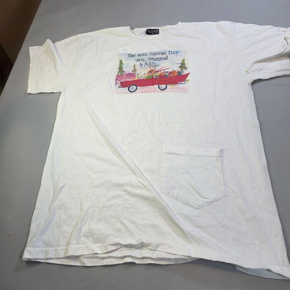 Vintage Alore L Drake Shopping Graphic T-Shirt White Made in USA Thrashed OS